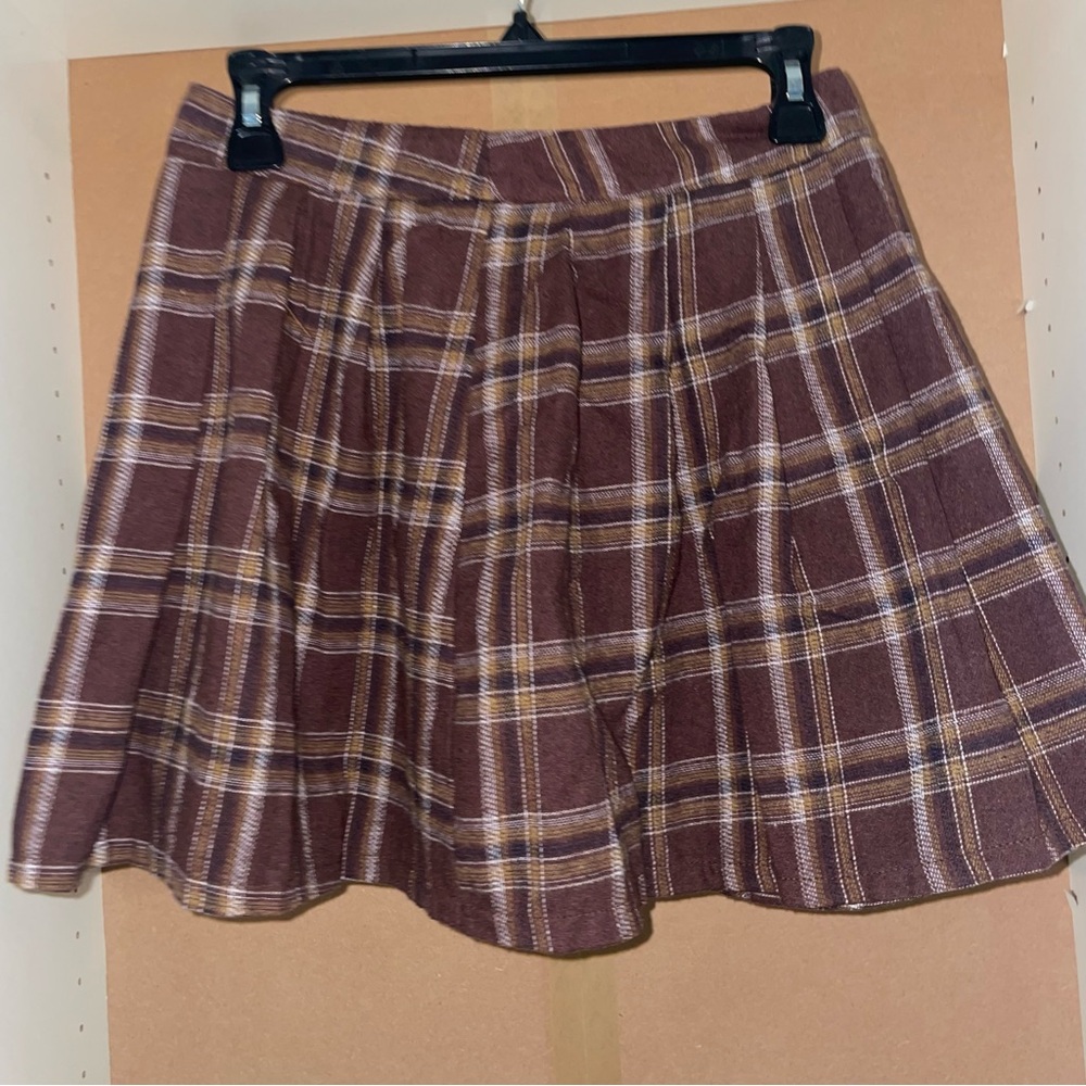 Brown Beige Plaid Zip Up Skater Style Skirt